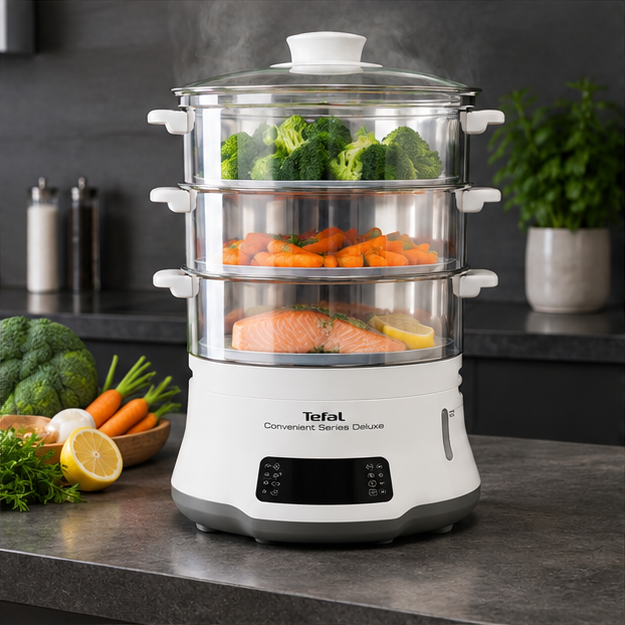 VC502D10 Tefal Vaporiera Deluxe in uso con verdure e salmone